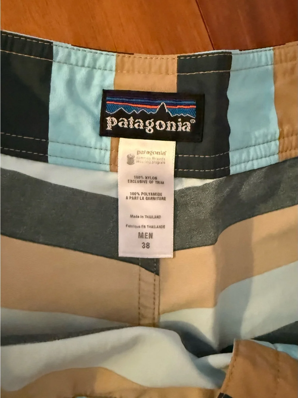 Patagonia Men's Striped Hybrid Shorts in Light Blue, Tan & Black